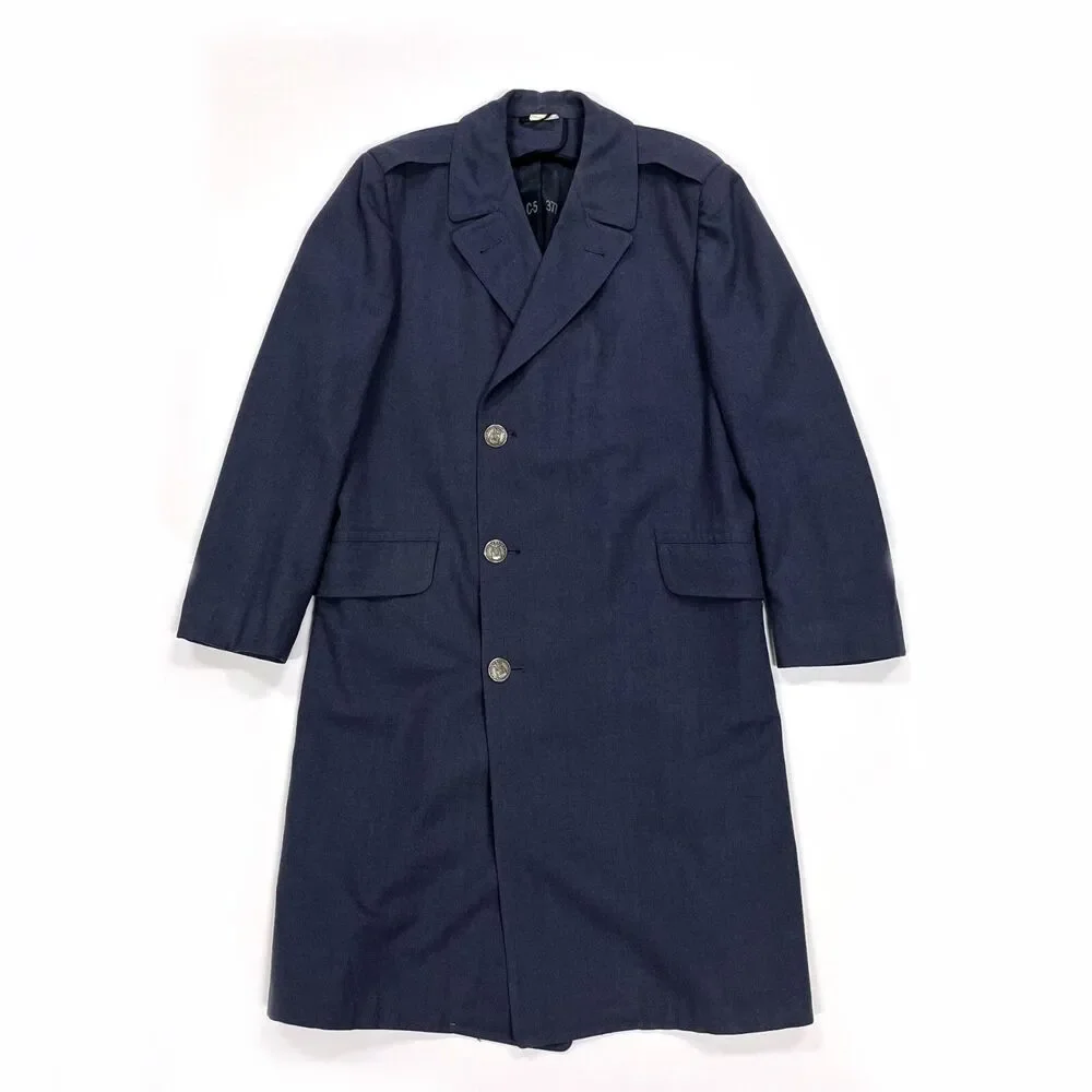 Vintage USAF Military Chester Trench Coat Sz 37R Blue Double Breasted Long Wool
